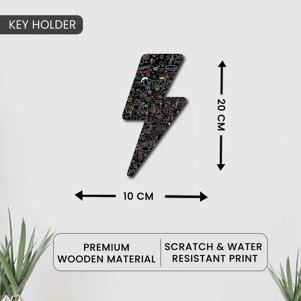 Thunderbolt - Black Printed  | Wooden Printed Key Holder for Home Decor Stylish | Minimalist Keys Organiser | Elegant Entrance Decor Key Storage