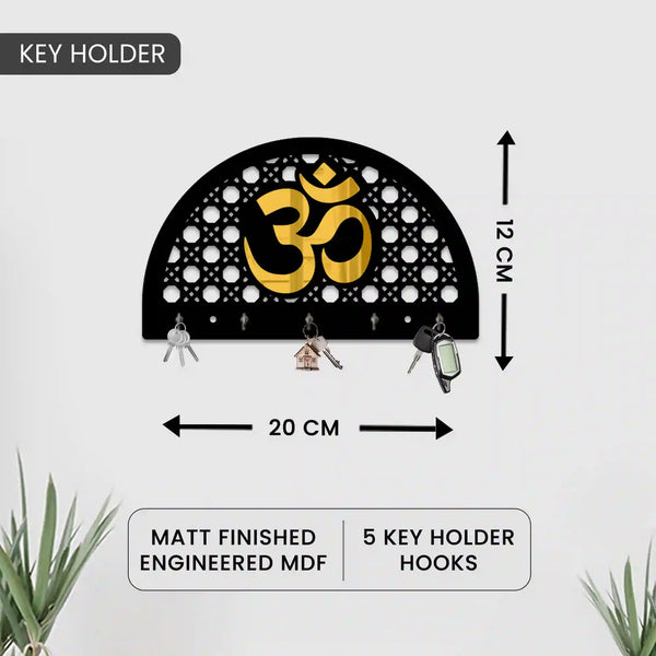 Om - Golden & Black | Wooden Key Holder | Without Drill | Minimalist Keys Organiser | Elegant Entrance Decor Key Storage