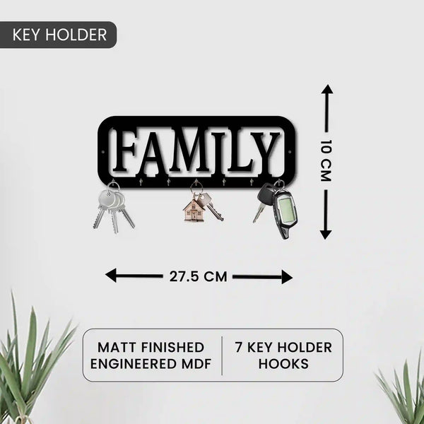 Family - Black | Wooden Key Holder | Without Drill | Minimalist Keys Organiser | Elegant Entrance Decor Key Storage