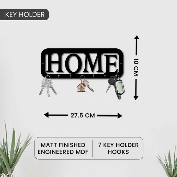 Home - Black | Wooden Key Holder | Without Drill | Minimalist Keys Organiser | Elegant Entrance Decor Key Storage