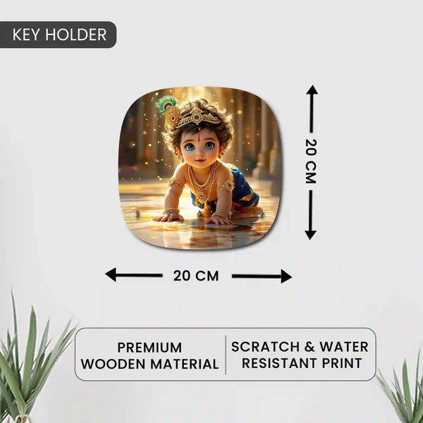 Baby Krishna | Wooden Printed Key Holder for Home Decor Stylish | Minimalist Keys Organiser | Elegant Entrance Decor Key Storage