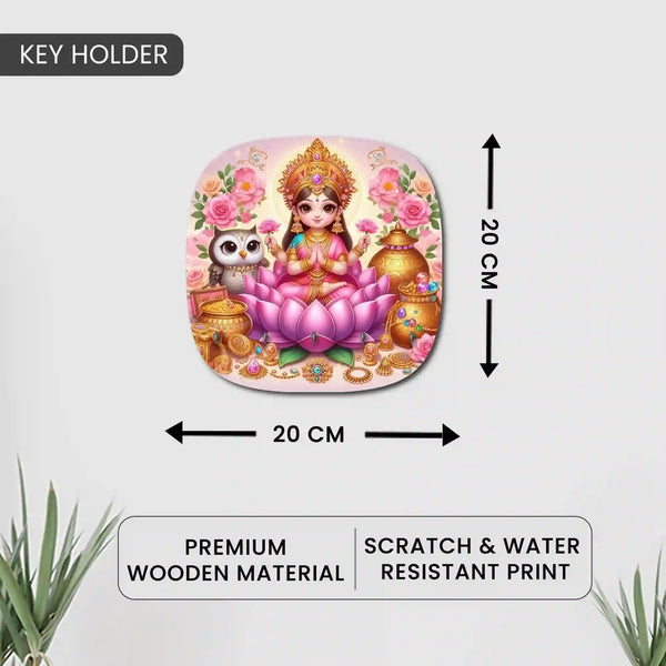 Goddess Laxmi | Wooden Printed Key Holder for Home Decor Stylish | Minimalist Keys Organiser | Elegant Entrance Decor Key Storage