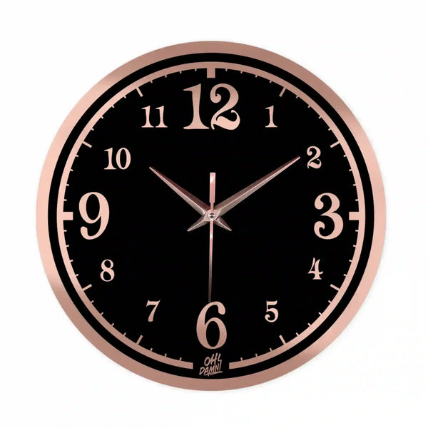 Simple Digits with Double Border | Rose Gold | Black Acrylic | Wall Clock with Golden Details |  Non-ticking | Luxury Wall Clock | Ideal for Living Room Kitchen, Bedroom, Office, School
