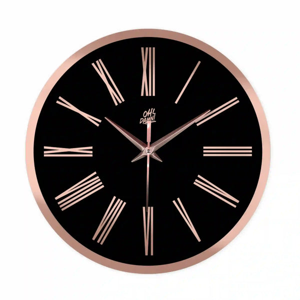 Roman Digits | Rose Gold | Black Acrylic | Wall Clock with Golden Details |  Non-ticking | Luxury Wall Clock | Ideal for Living Room Kitchen, Bedroom, Office, School