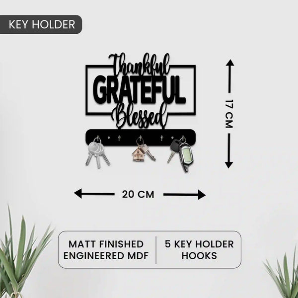 Thankful Grateful Blessed  | Black Metallic Key Holder for Home Decor Stylish | Minimalist Keys Organiser | Elegant Entrance Decor Key Storage