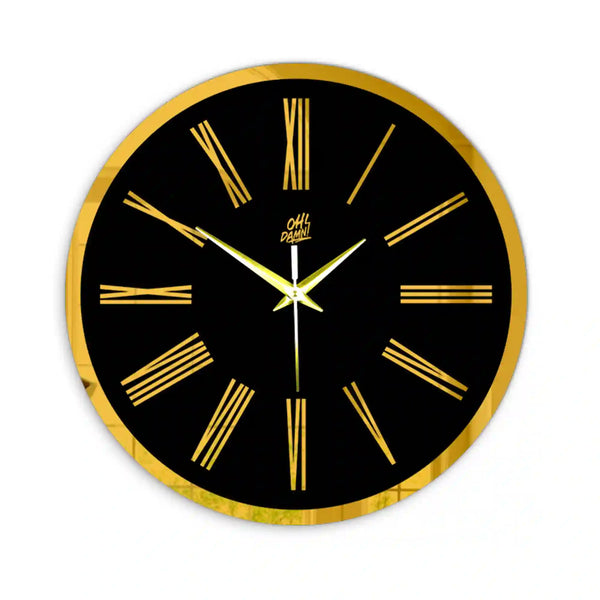 Roman Digits | Golden | Black Acrylic | Wall Clock with Golden Details |  Non-ticking | Luxury Wall Clock | Ideal for Living Room Kitchen, Bedroom, Office, School