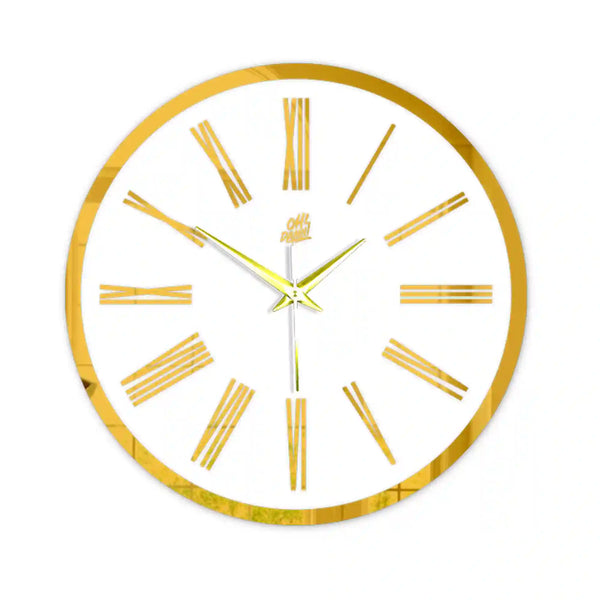 Roman Classic | Golden | White Acrylic | Wall Clock with Golden Details |  Non-ticking | Luxury Wall Clock | Ideal for Living Room Kitchen, Bedroom, Office, School